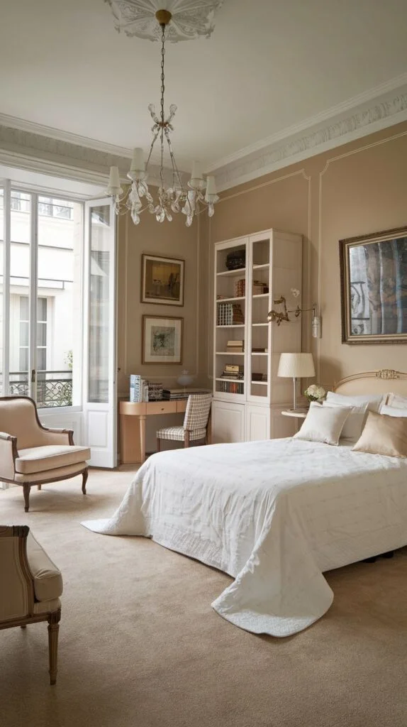 French bedroom with upholstered bed, chandelier, bookshelf, desk, and balcony doors