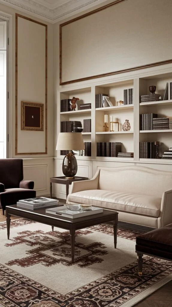 French living room with built-in bookshelves, cream sofa, dark wood coffee table, and patterned rug
