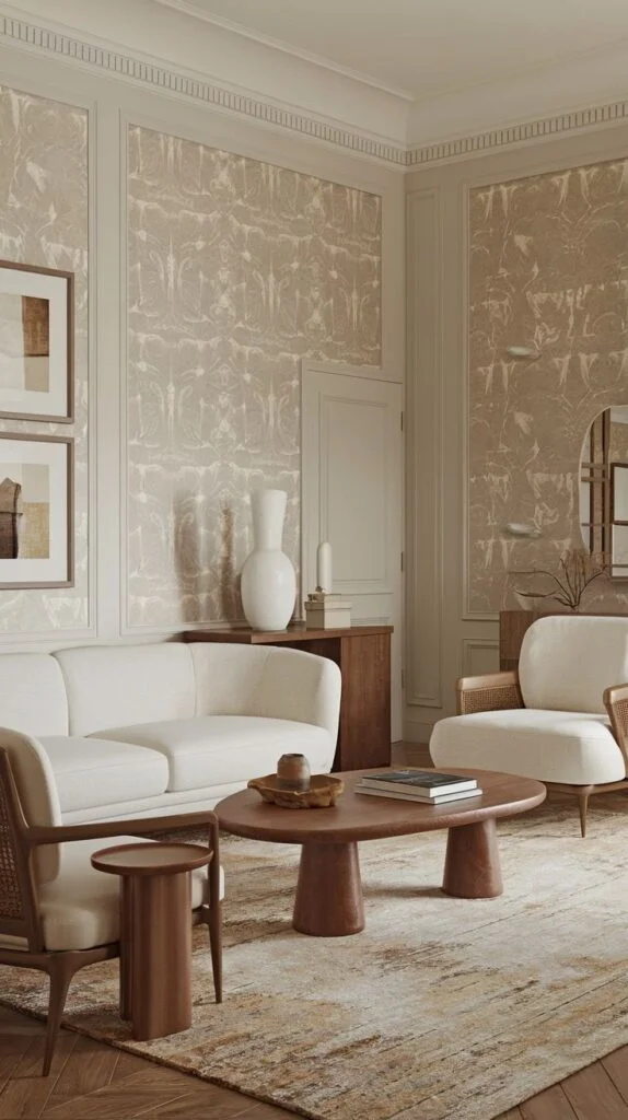 French living room with white sofa, wooden coffee table, patterned rug, and abstract wallpaper