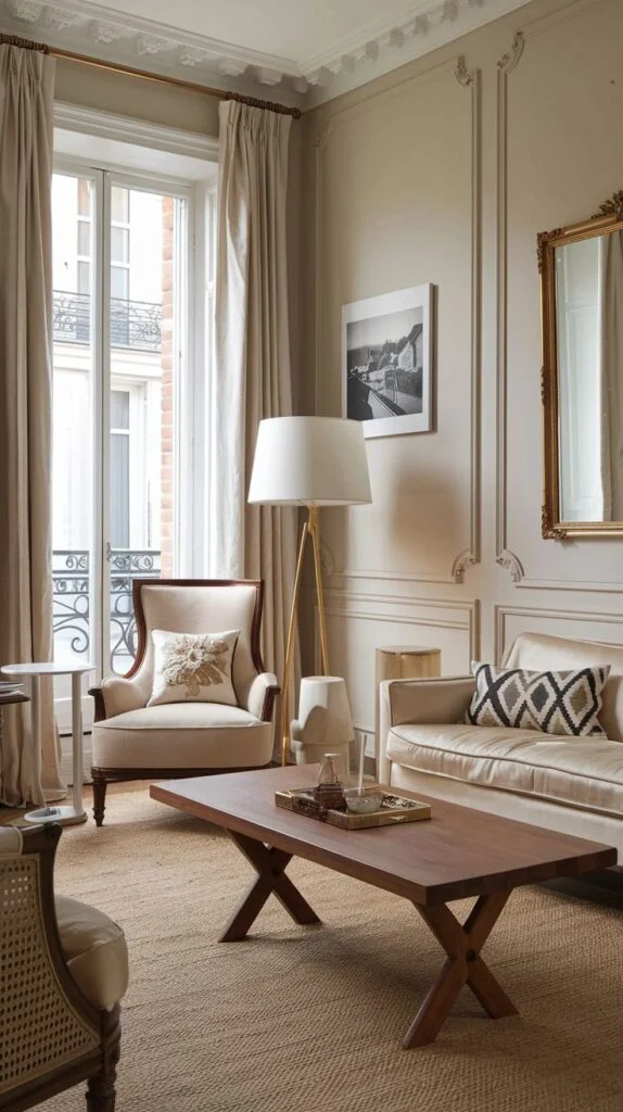 French living room with wall paneling, cream sofa, wooden coffee table, armchair, and floor lamp