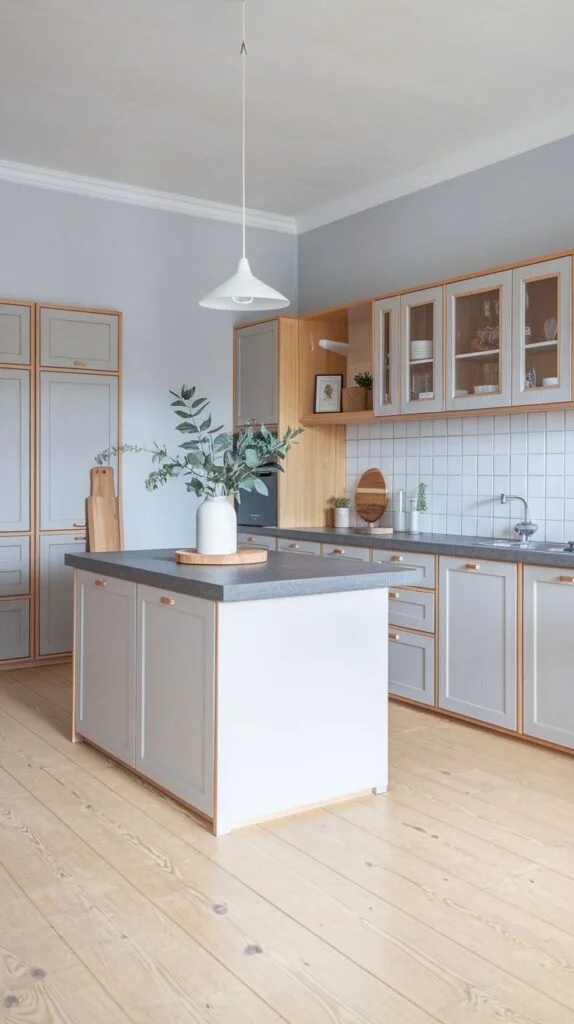 Scandinavian kitchen with light gray and natural wood cabinets, gray countertop island, light wood flooring, large window, and white vase with eucalyptus.
