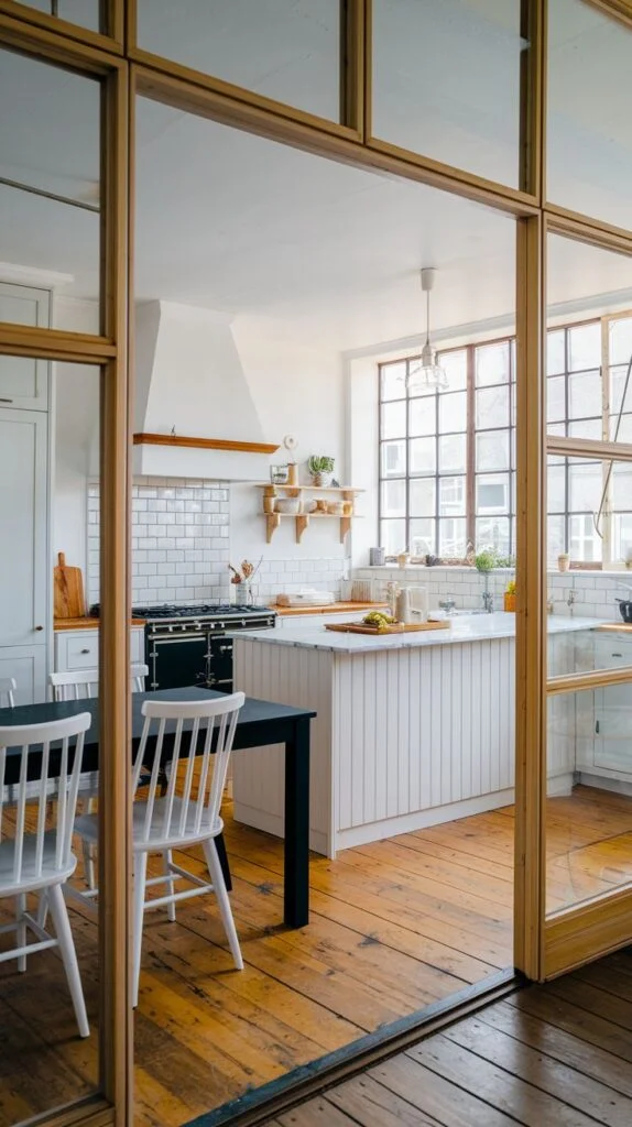 Scandinavian kitchen viewed through wooden framed glass doors, with white subway tile backsplash, large window, dark wood flooring, white island, black dining table, and white chairs.