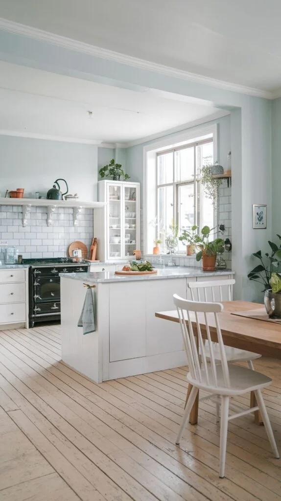 Scandinavian kitchen with light blue walls, white cabinets, white subway tile backsplash, light wood flooring, white island, wooden dining table with white chairs, and plants by large window.