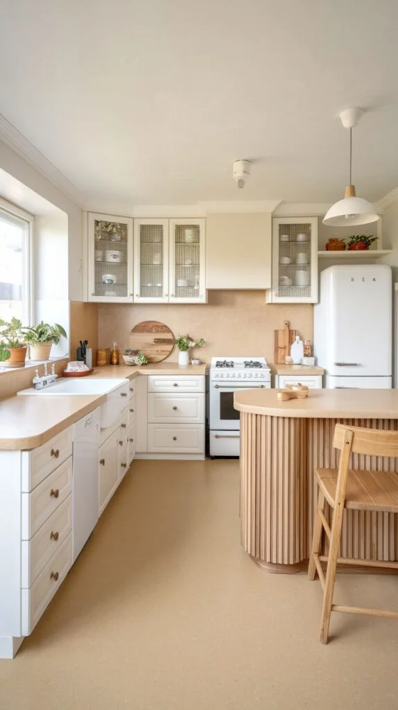 Scandinavian kitchen with white cabinets, light wood countertops, light backsplash and floor, white Smeg refrigerator, round wooden island with vertical slats, and pendant light.