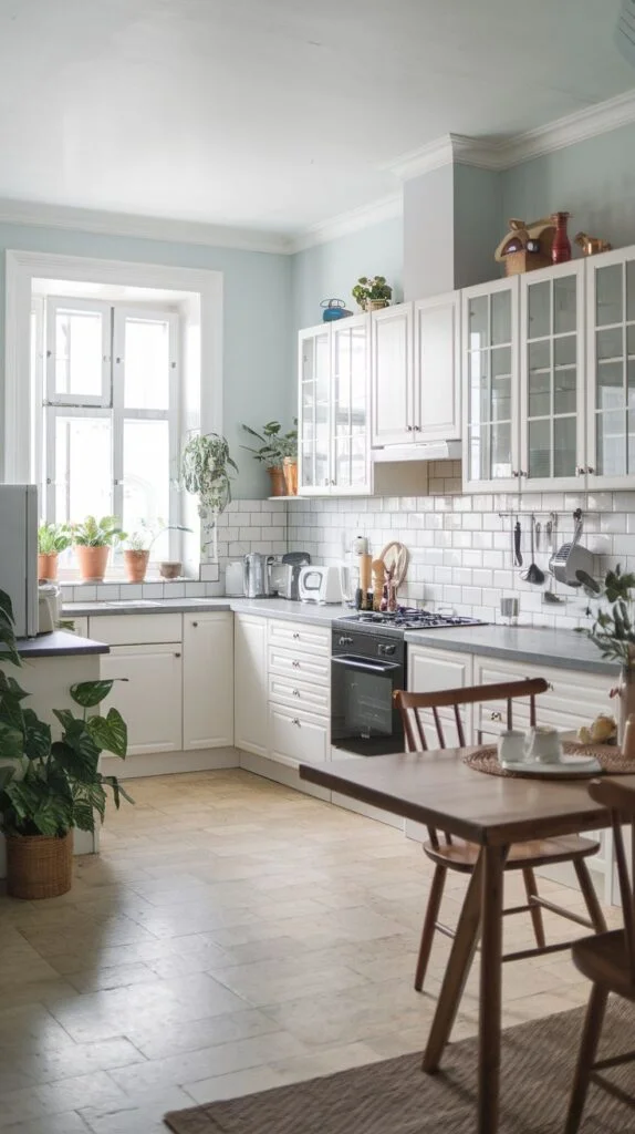 Scandinavian kitchen with light blue walls, white cabinets with glass doors, white subway tile backsplash, light floor tiles, dining area with wooden table and chairs, many potted plants near large window.