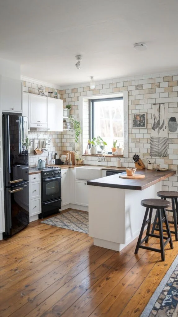 Scandinavian kitchen with white cabinets, black refrigerator and stove, patterned subway tile backsplash, dark wood flooring, white island with dark countertop and black stools.
