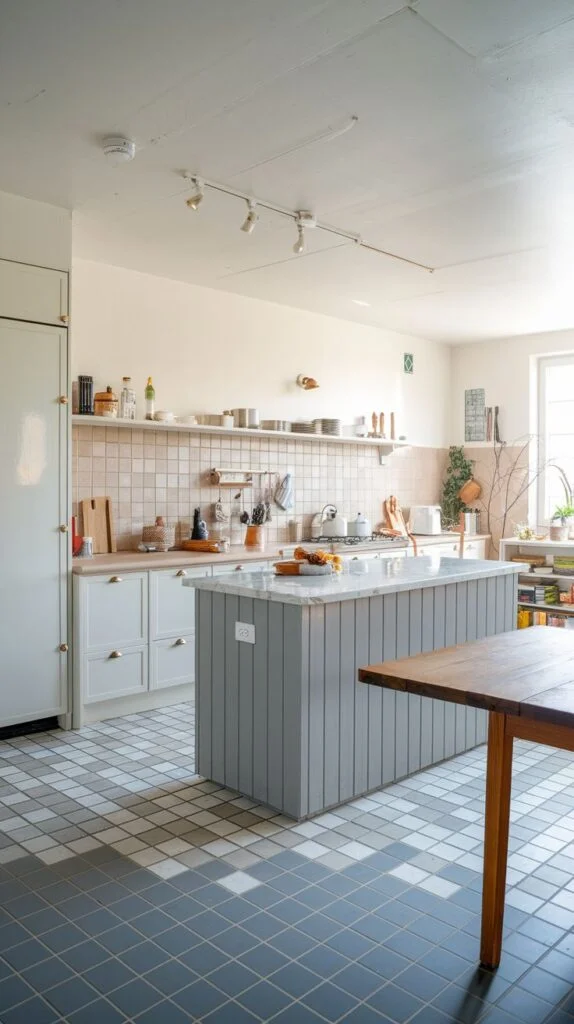 Scandinavian kitchen with white cabinets, light wood countertops, light square tile backsplash, floor with gradient gray and white tiles, light gray island with white marble top.