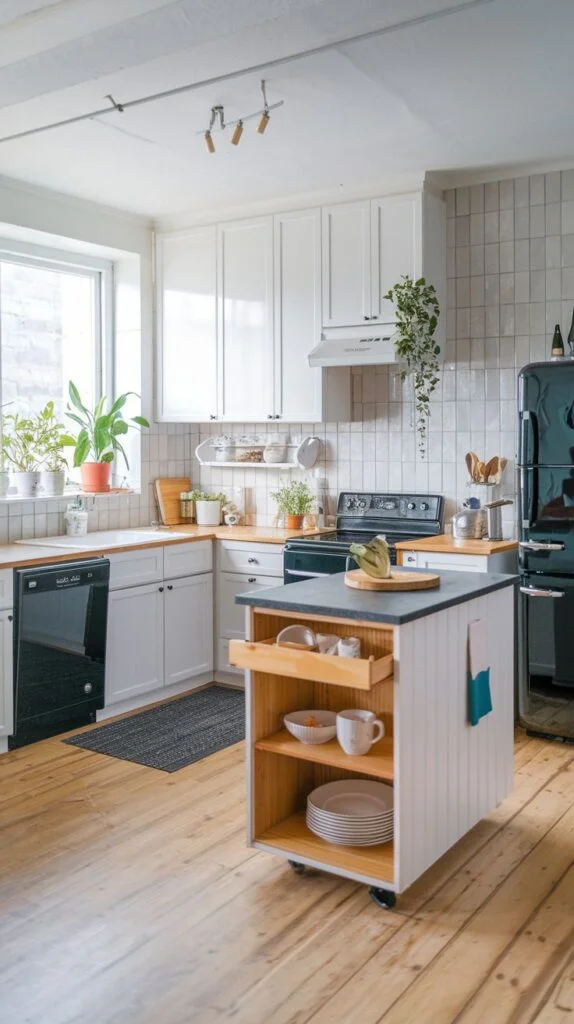 Scandinavian kitchen with white upper and base cabinets, light wood countertops, white tile backsplash, black refrigerator and dishwasher, white movable island with open shelving.
