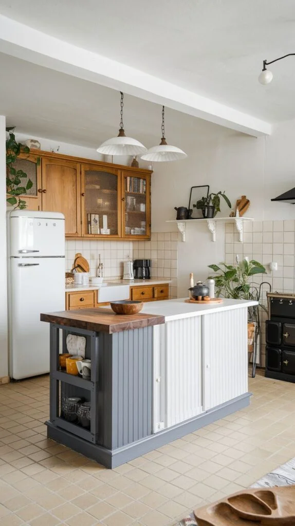 Scandinavian kitchen with light wood upper cabinets, white vintage refrigerator, light tile flooring, large two-tone gray and white island with pendant lights.