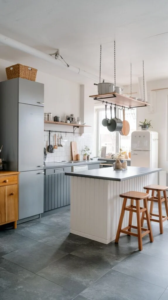 Scandinavian kitchen with gray cabinets, dark gray floor tiles, gray refrigerator, white island with dark countertop, wooden stools, hanging pot racks.