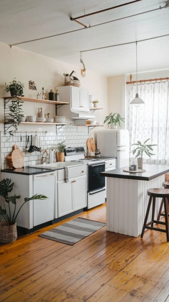 Scandinavian kitchen with white cabinets, dark countertops, white subway tile backsplash, open wooden shelves, white vintage refrigerator, white island with dark countertop, plants, striped rug.