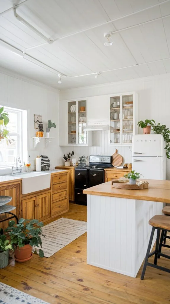 Scandinavian kitchen with white paneled walls, light wood flooring, natural wood lower cabinets, white upper cabinets with glass fronts, white farmhouse sink, black vintage stove, white island.