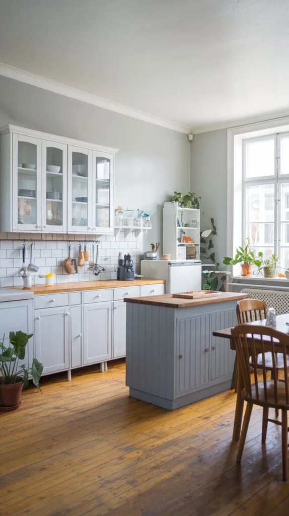 Scandinavian kitchen with light gray cabinets, light wood countertops, white subway tile backsplash, light wood flooring, light gray island with wooden top, dining table with wooden chairs, plants by window.