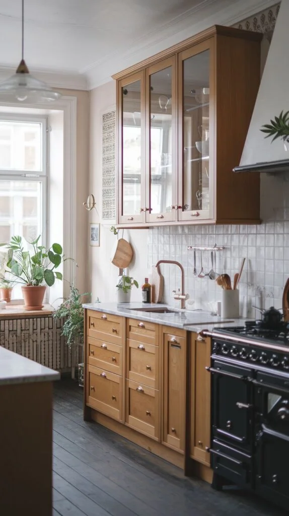 Scandinavian kitchen with natural wood cabinets, white marble countertops, white subway tile backsplash, dark wood flooring, black stove, window with plants, view of dining area.