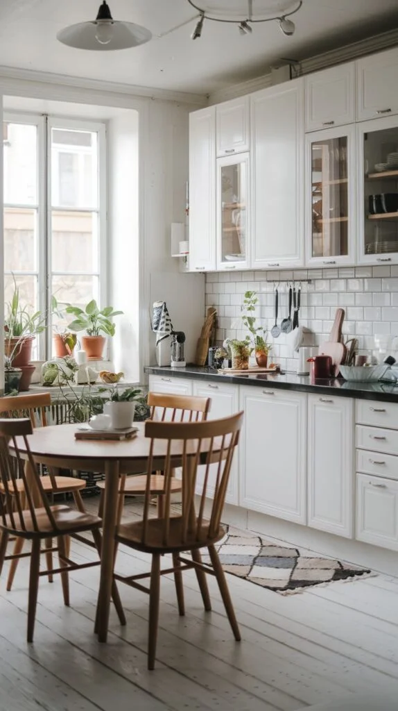 Scandinavian kitchen with white cabinets, dark countertops, white subway tile backsplash, light wood flooring, round wooden dining table with chairs, patterned rug, plants by large window.