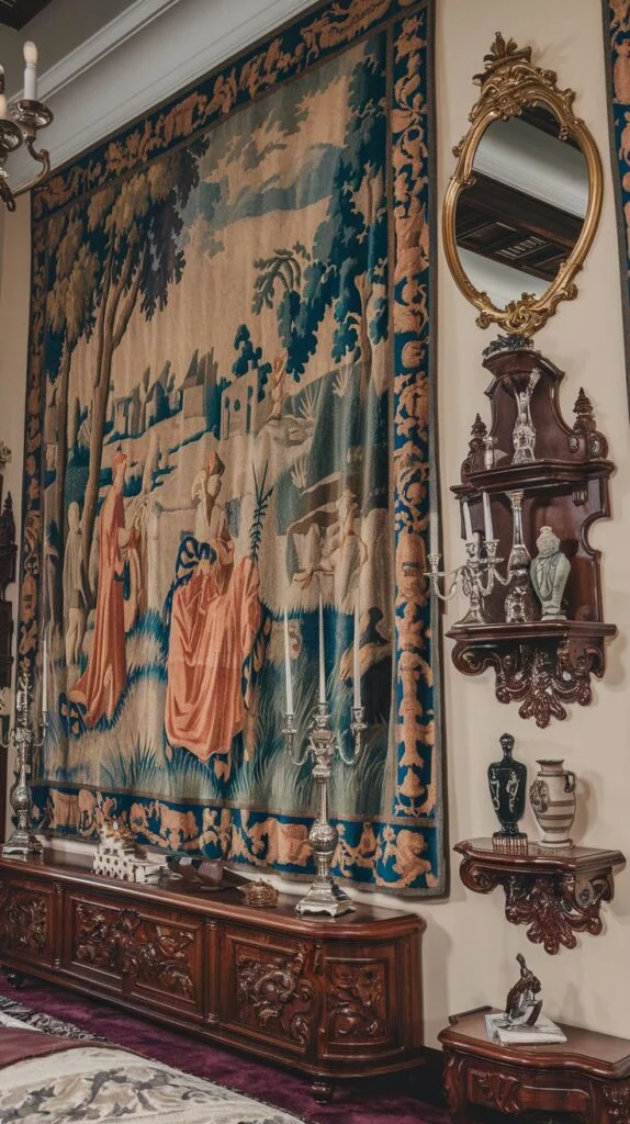 A large, historical tapestry with a natural scene covers a wall, beside a chic ornate gold mirror and dark carved wooden shelves in a classic interior.