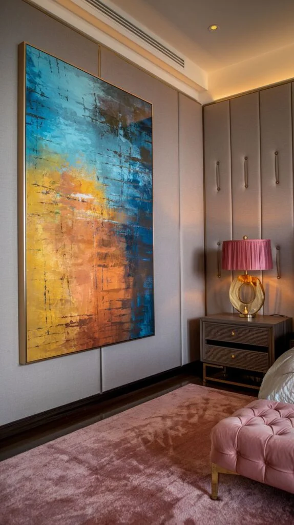 A large, vibrant abstract painting with blue, orange, and yellow hues is prominently displayed on a wall, next to a chic pink lamp on a dark bedside table.