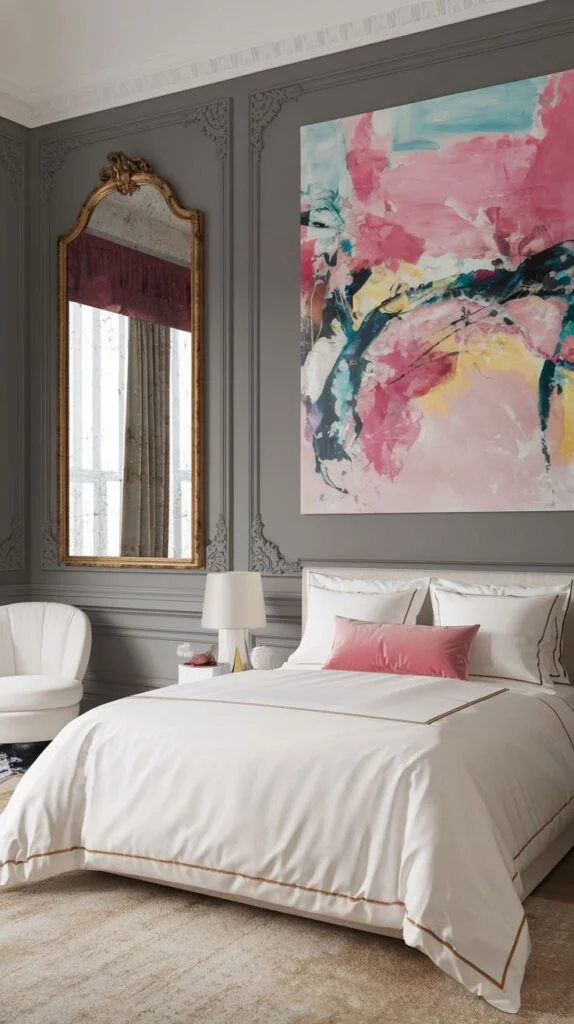 A chic bedroom with a large, vibrant abstract painting in pink, blue, and yellow dominating a grey wall, beside an ornate gold-framed mirror above a white bed.