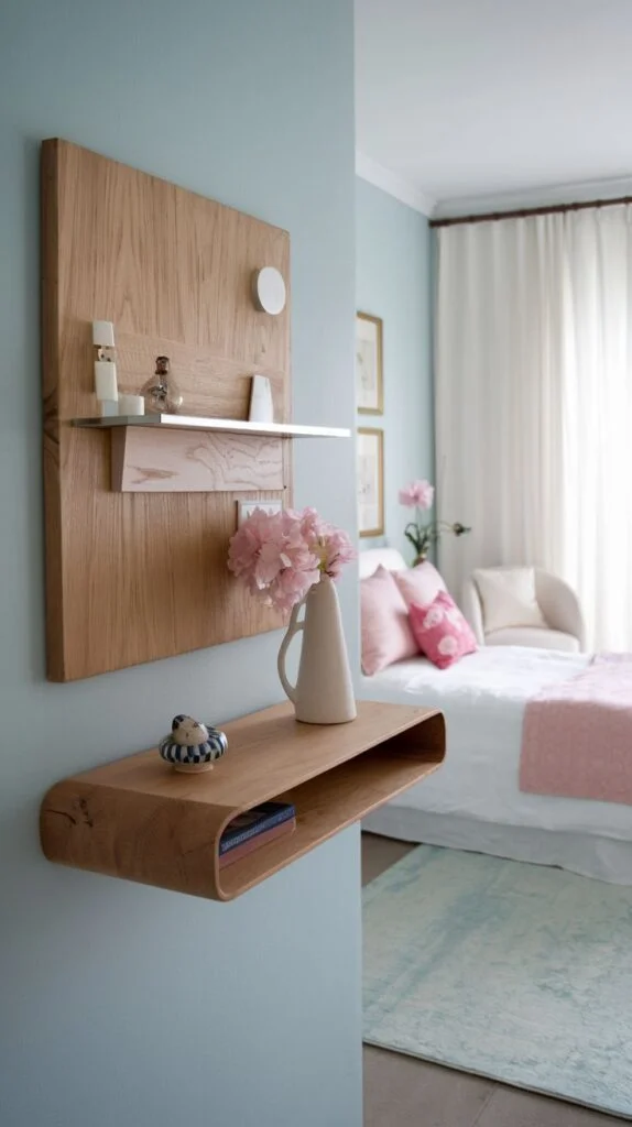 A chic modern bedroom featuring unique wooden wall-mounted shelves on a light blue wall, adorned with a small white vase holding pink flowers and other decorative items.