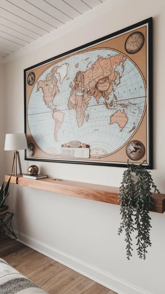 A chic and educational space with a large, antique-style world map displayed on a wall, hanging above a long, sleek wooden floating shelf with a lamp and a hanging plant.
