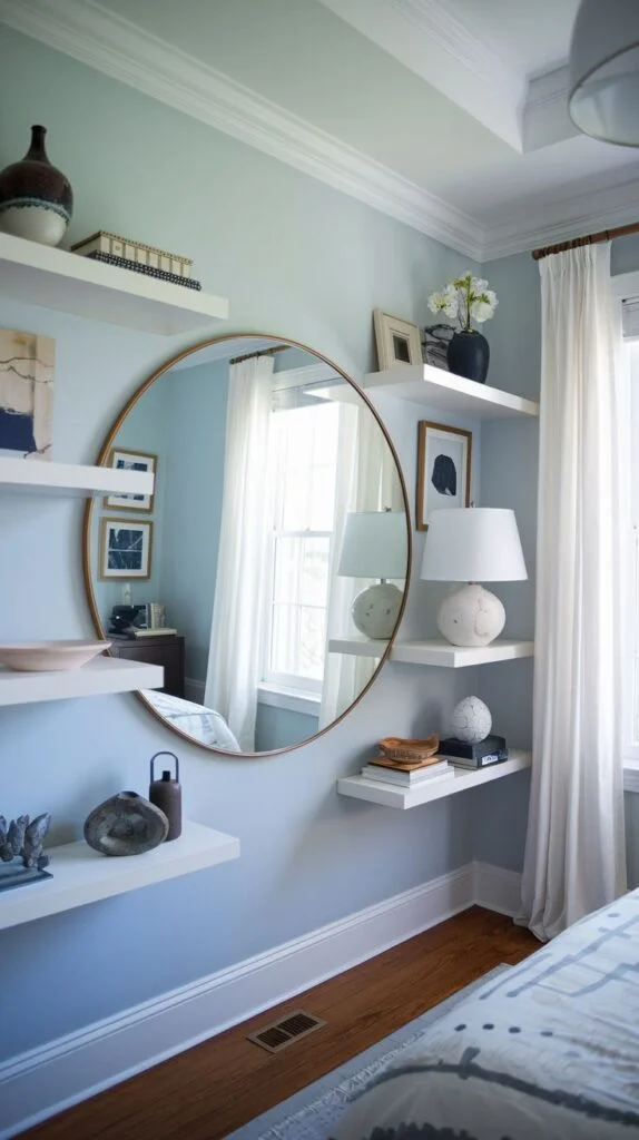 A chic room featuring a large round gold-framed mirror as a centerpiece on a light blue wall, surrounded by multiple white floating shelves with decorative objects and lamps.