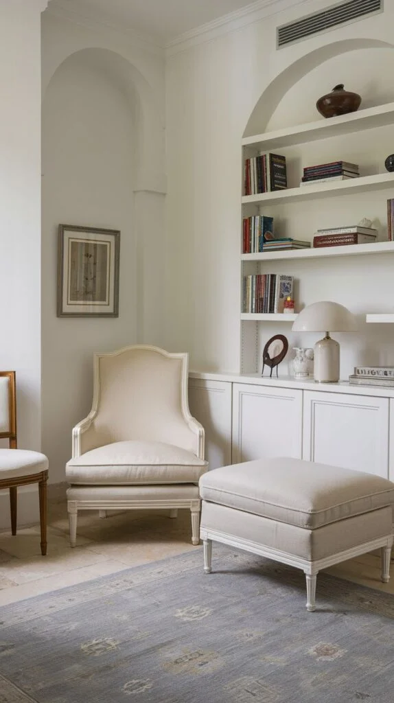 A chic and elegant corner of a room with a cream-colored armchair and matching ottoman, alongside a built-in white shelving unit filled with books and decorative items.
