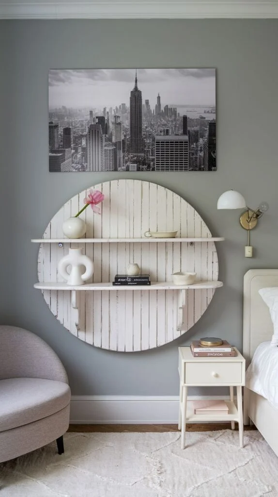 A chic bedroom wall with a large black and white photograph of a city skyline, mounted above a unique round, distressed white wooden shelf unit.
