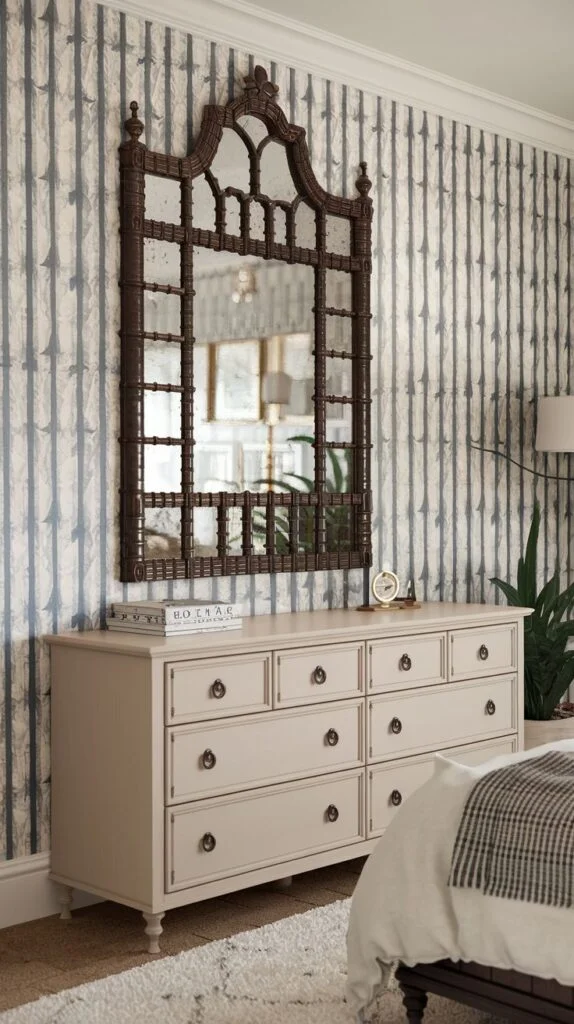 A chic bedroom featuring a large, ornate dark wooden mirror with a multi-paneled design, hanging above a long, cream-colored dresser against a striped wallpaper.