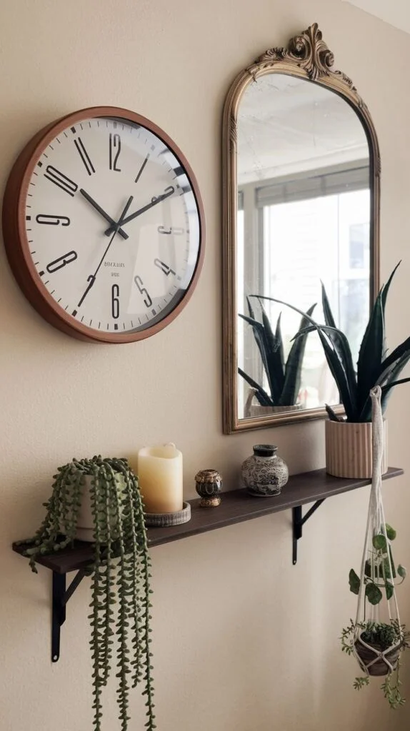 A chic wall display featuring a large round clock with Roman numerals next to an arched gold-framed mirror, with a dark floating shelf below holding plants and candles.