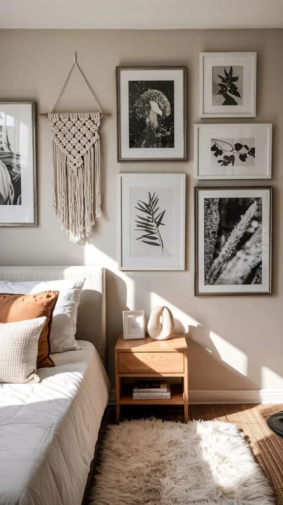 A chic bedroom scene showcasing a gallery wall with black and white botanical prints and a macrame wall hanging, beside a wooden bedside table with a lamp.
