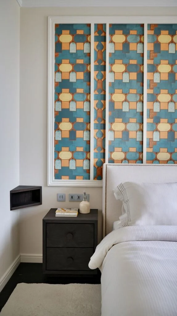 A chic bedroom wall with a distinctive patterned wallpaper in shades of blue, orange, and brown, framed by white molding, next to a dark bedside table.