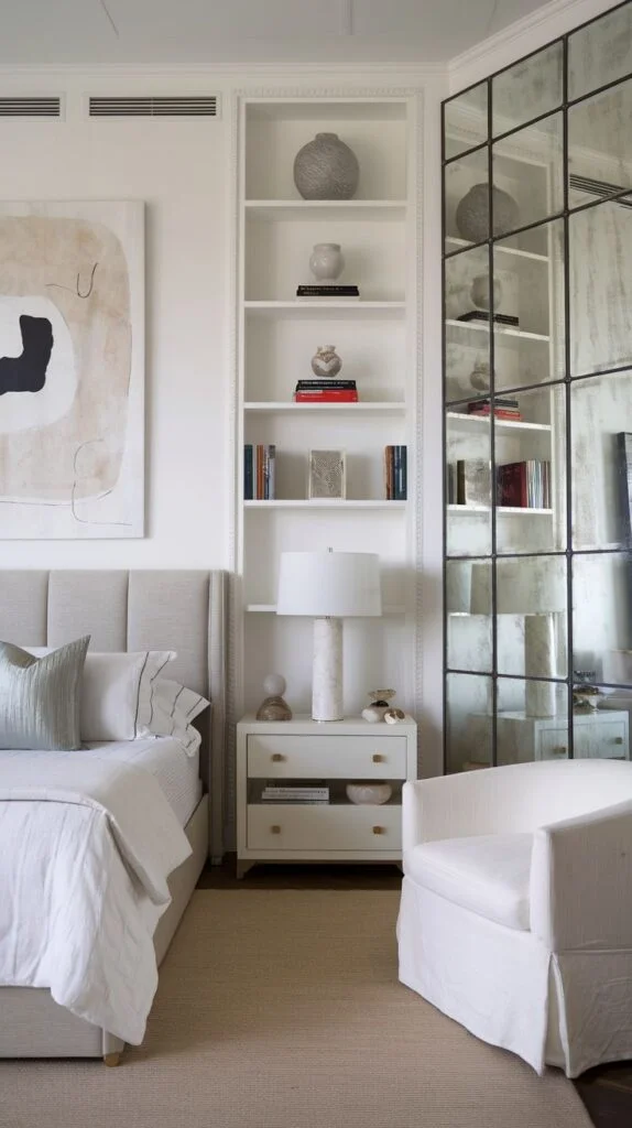 A chic and bright bedroom featuring a large abstract artwork, a white upholstered bed, a tall built-in white bookshelf, and a large mirrored wall.