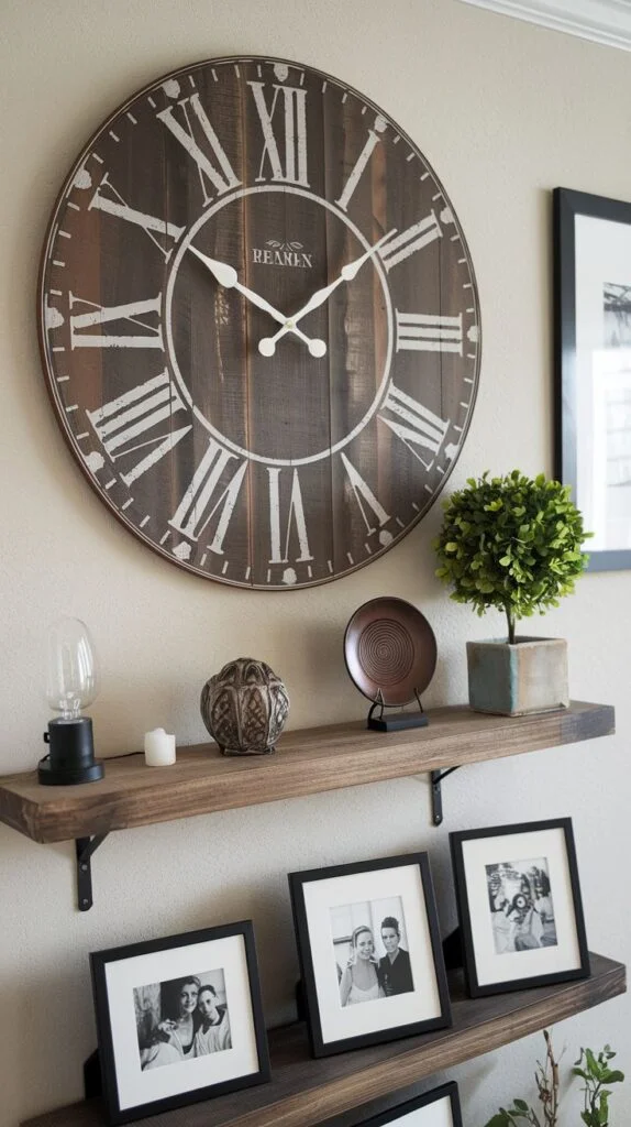 A chic rustic-industrial inspired wall display featuring a large round wooden clock with white Roman numerals, above two dark wooden floating shelves with framed photos and plants.