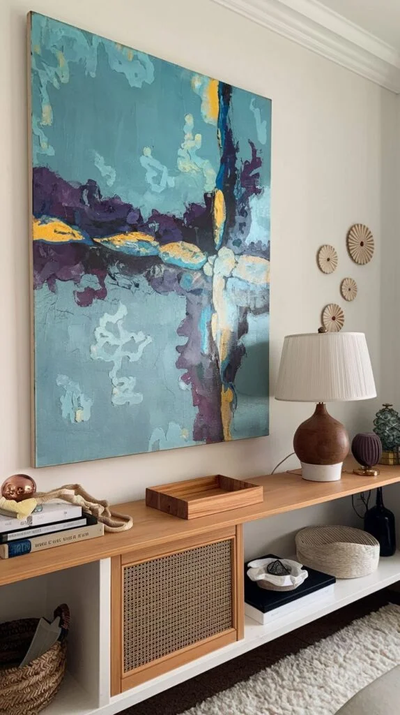 A chic living space featuring a large abstract painting with vibrant blue, purple, and yellow tones on the wall, above a stylish wooden console table.