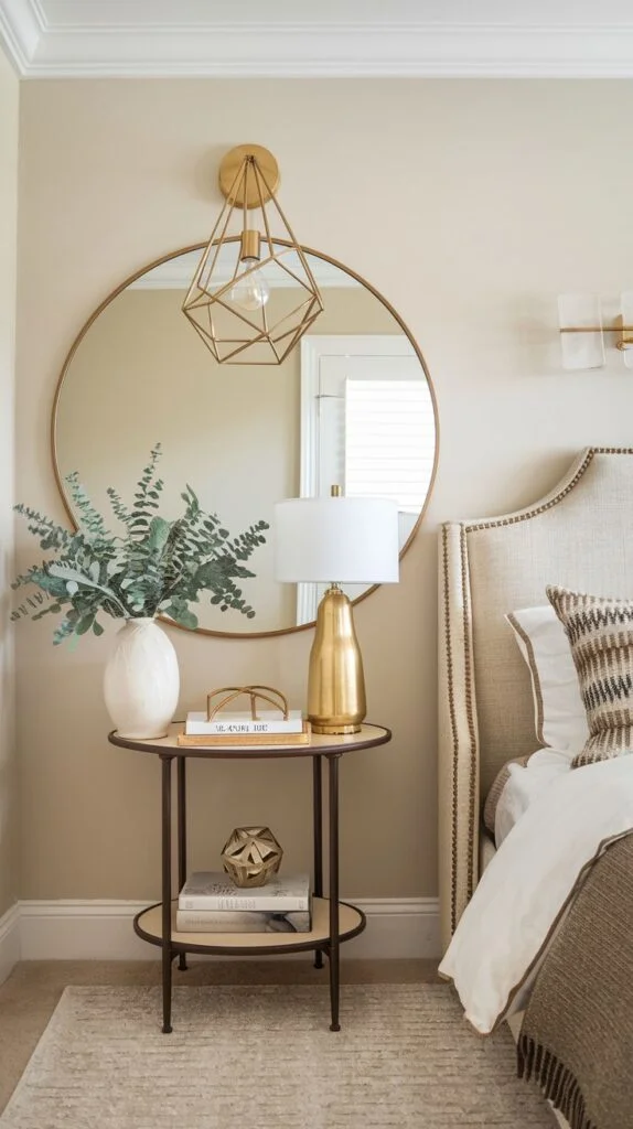 A chic bedroom corner with a round gold-framed mirror reflecting a window, a small round bedside table with eucalyptus in a white vase and a gold lamp.