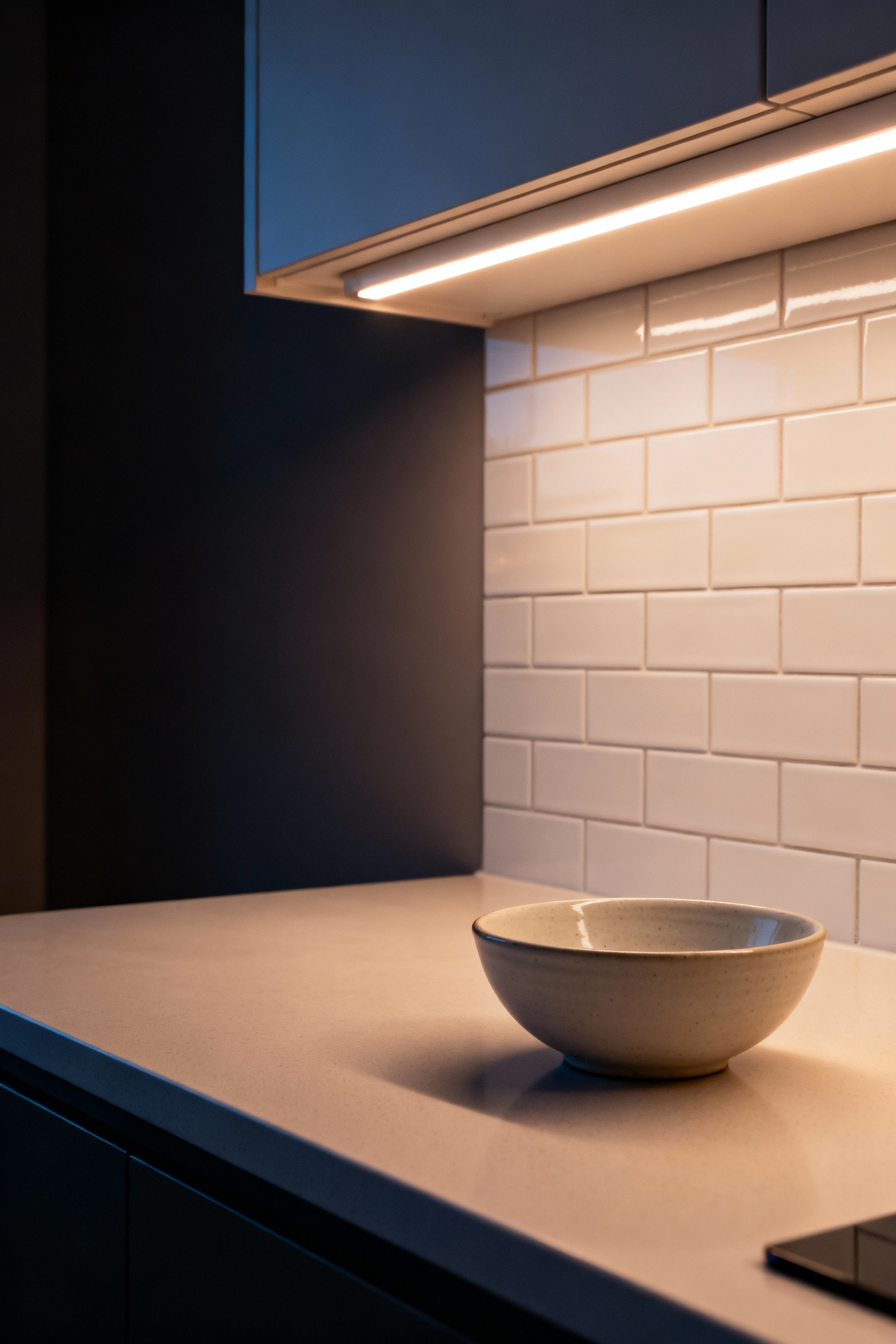 Rental kitchen countertop illuminated by warm under-cabinet LED strip lighting, creating a bright, shadow-free workspace.