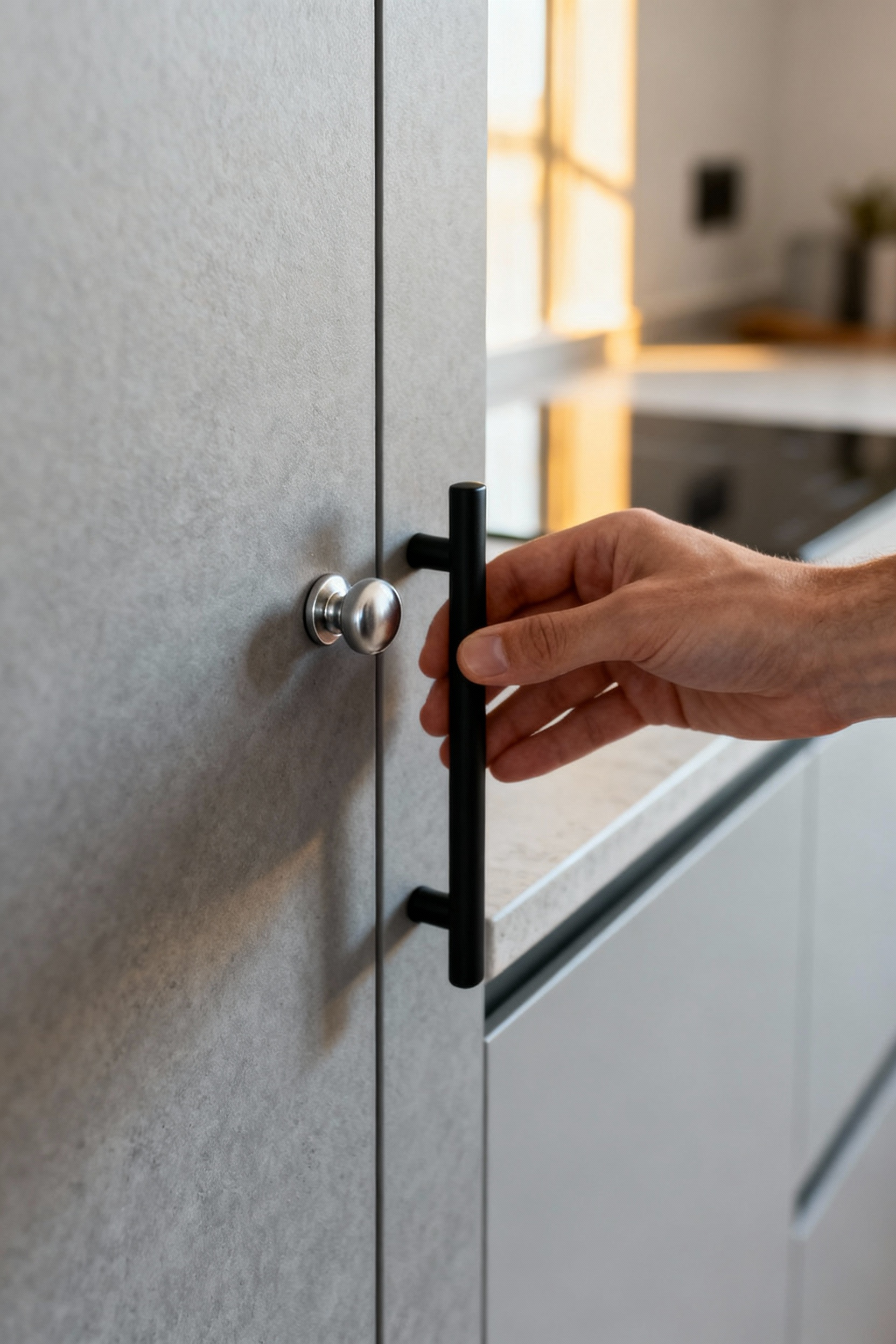 Matte black cabinet pull held next to original silver knob on light grey kitchen cabinet, illustrating easy hardware swap in rental kitchen.