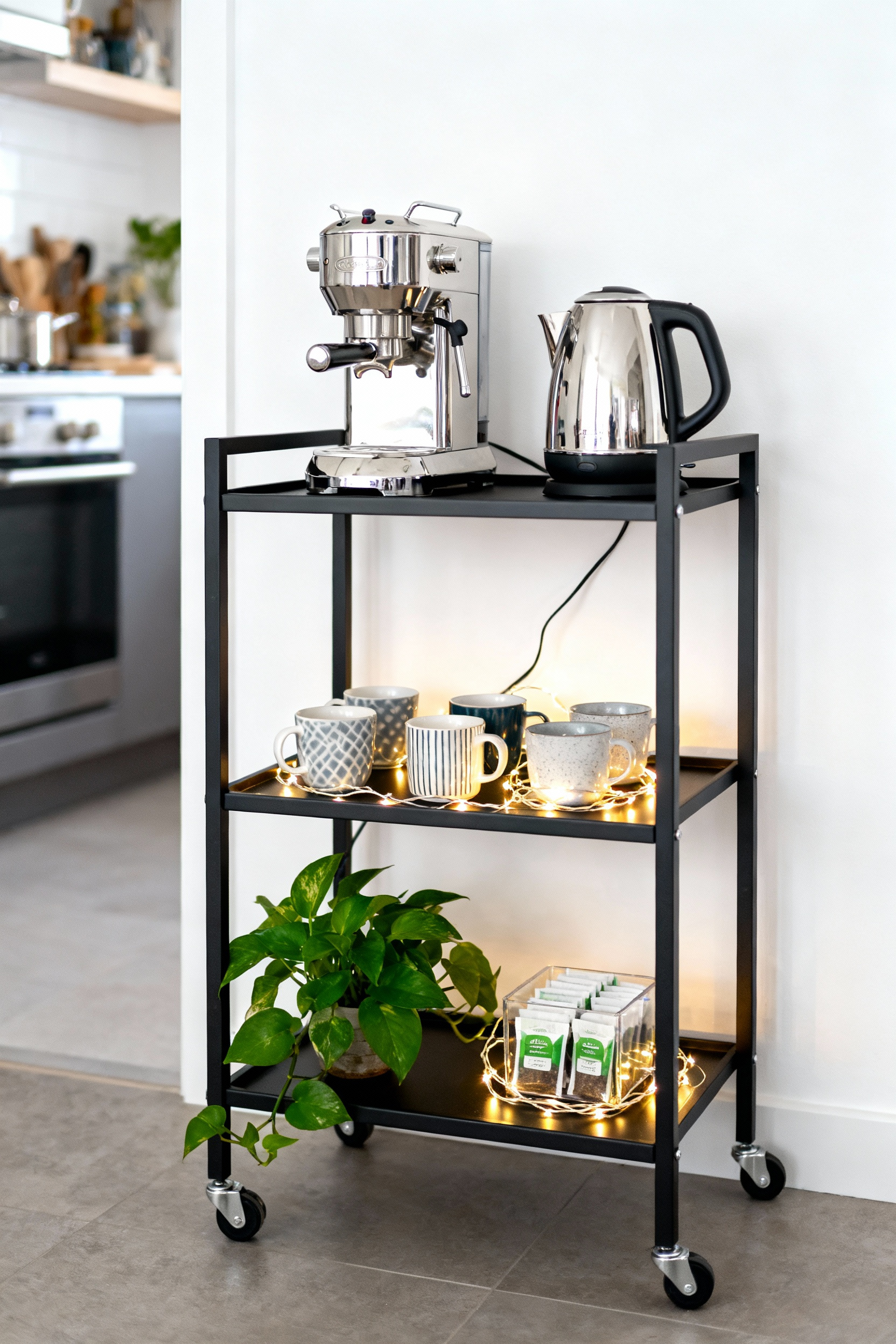 Functional coffee and tea nook on a three-tier rolling cart with coffee maker, mugs, and small plant in bright apartment kitchen.