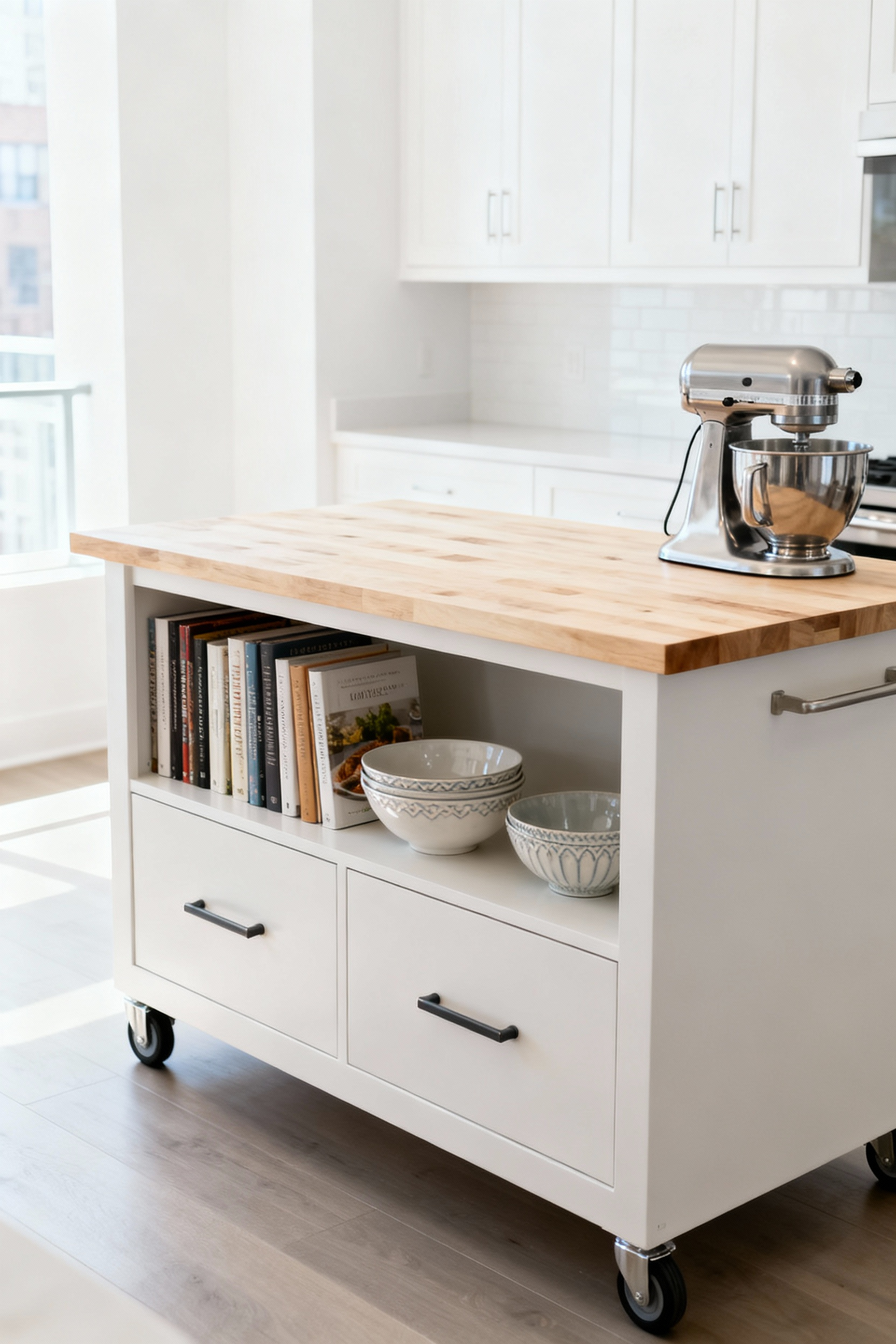 Modern rolling kitchen island with butcher block top, shelves, and drawers enhancing storage and prep space in bright apartment kitchen.