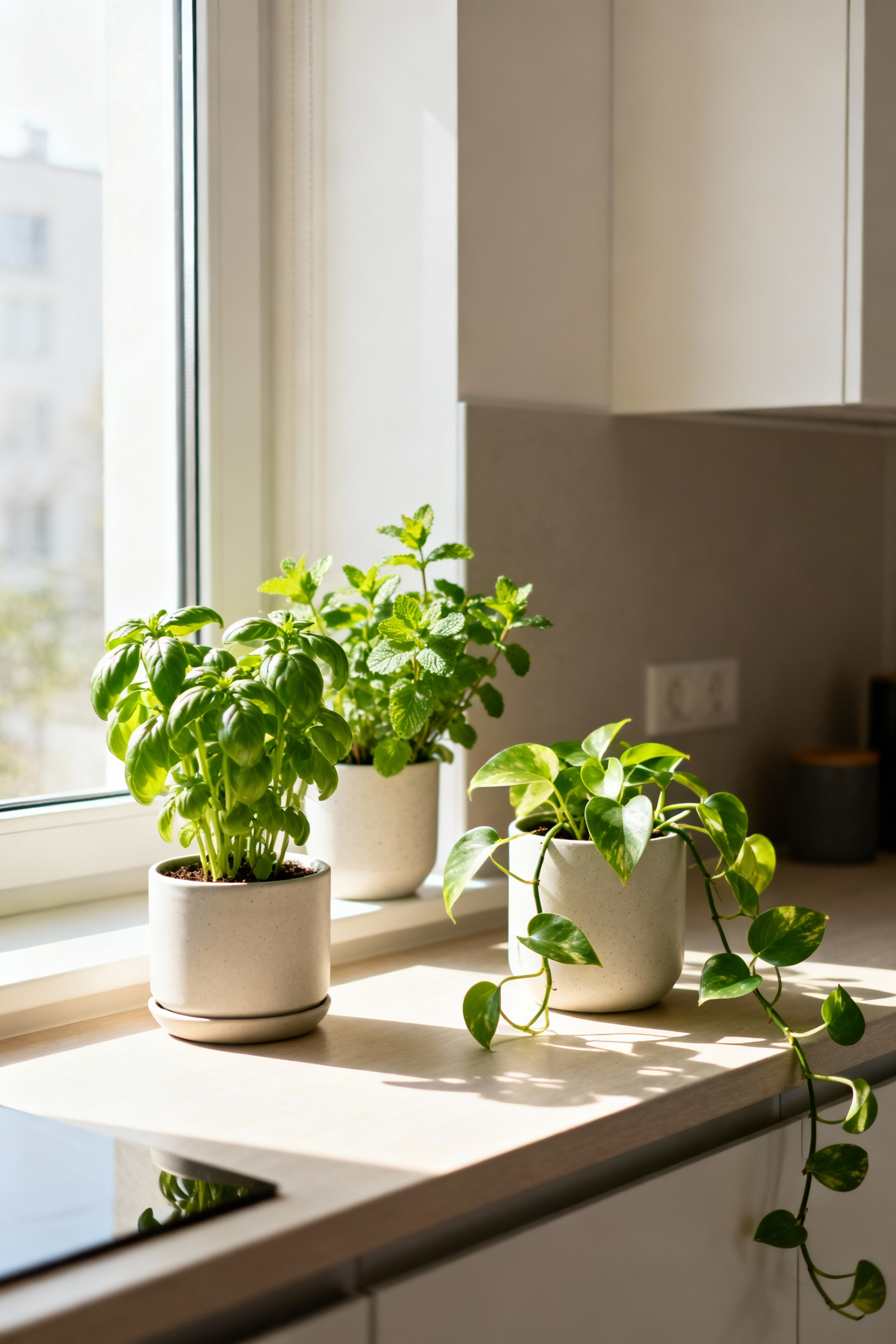 Apartment kitchen windowsill with live basil, mint, and pothos plants in ceramic pots, bathed in natural light.