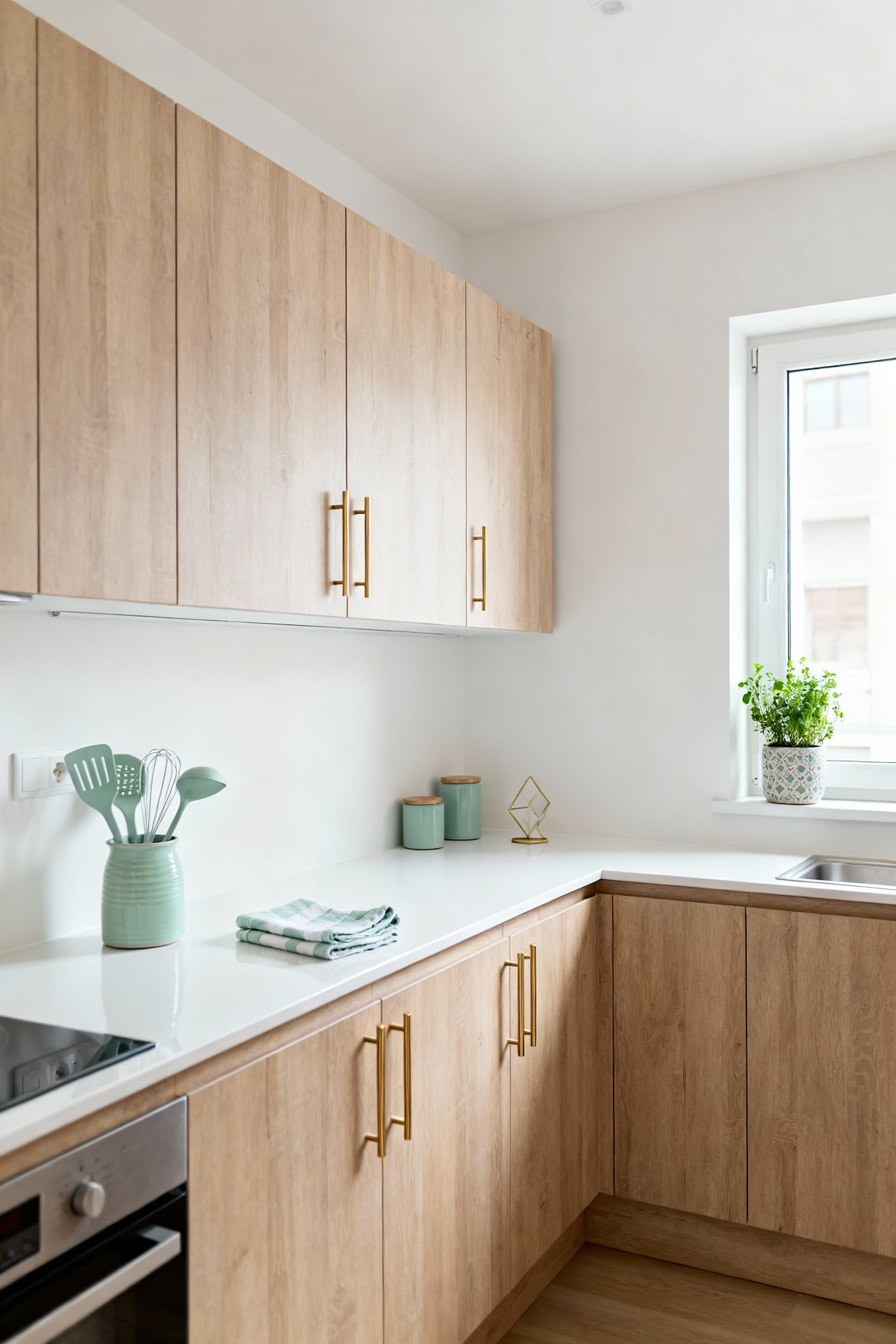 Bright modern rental kitchen with light wood cabinets, white countertops, and cohesive mint green and soft gold accents in decor.