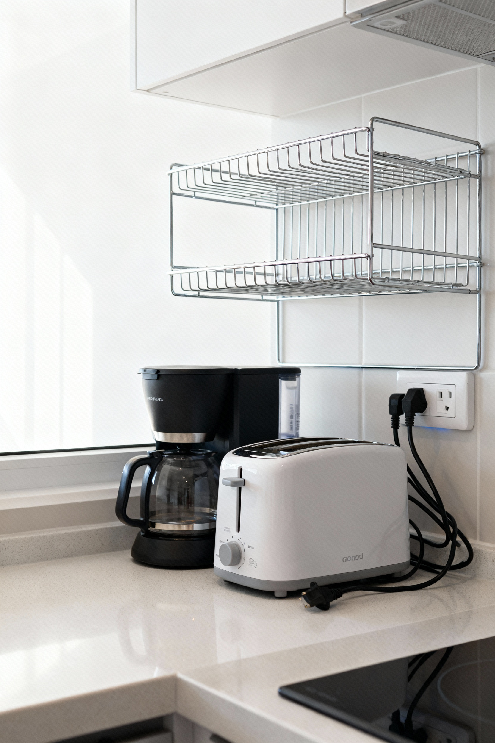 Organized appliance hub on rental kitchen counter with coffee maker and toaster on sleek shelves, maximizing space.