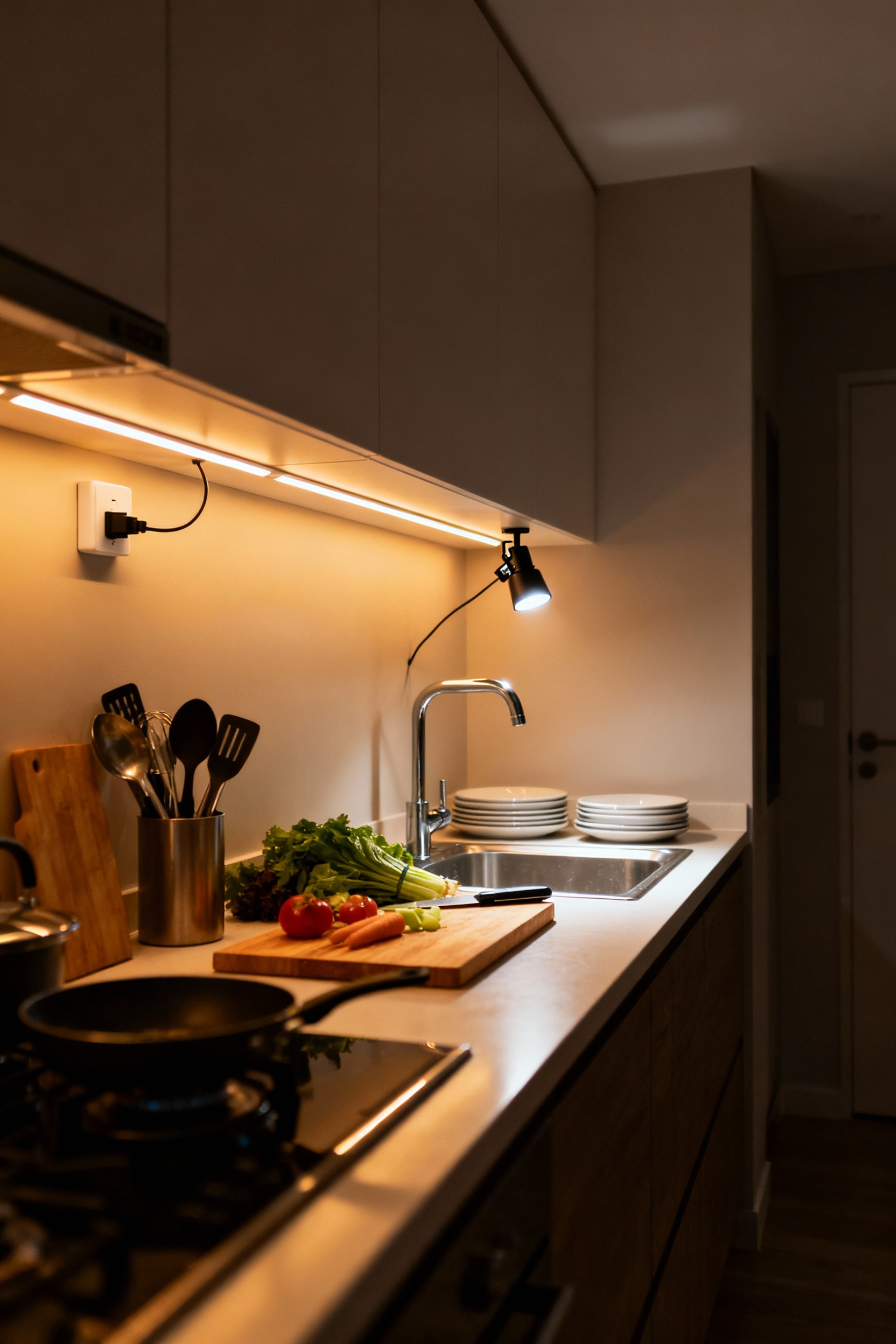 Rental kitchen illuminated by warm under-cabinet LED strip lights, showcasing zoned task lighting.