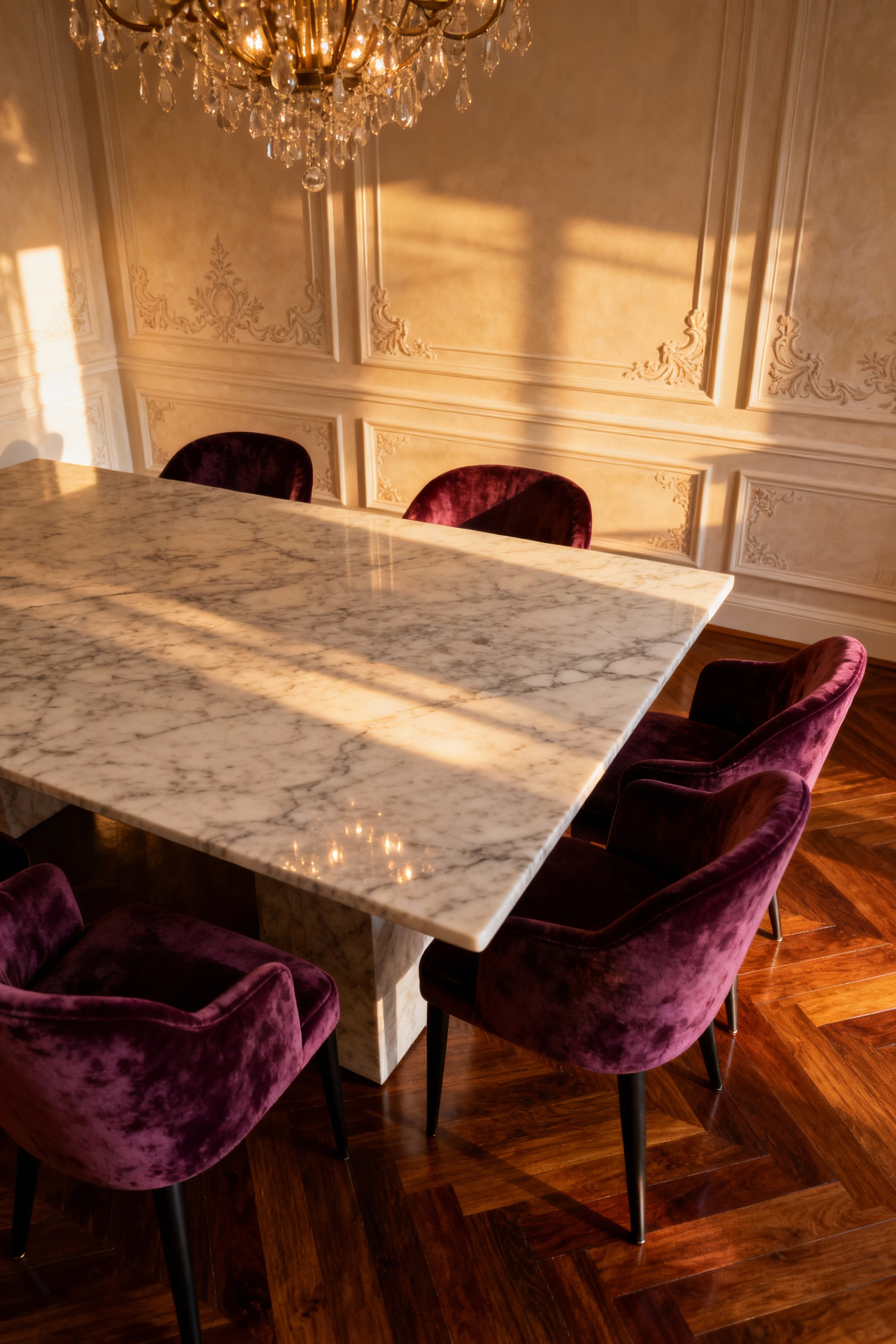 Opulent dining room showcasing a polished marble table, velvet chairs, intricate wall textures, and hardwood flooring emphasizing material richness.
