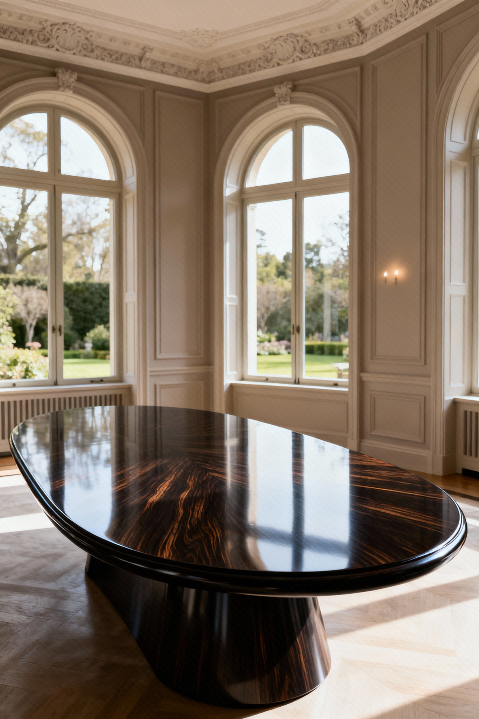 Elegant elliptical Macassar Ebony dining table in a classic room with wainscoting and arched windows, bathed in natural light.