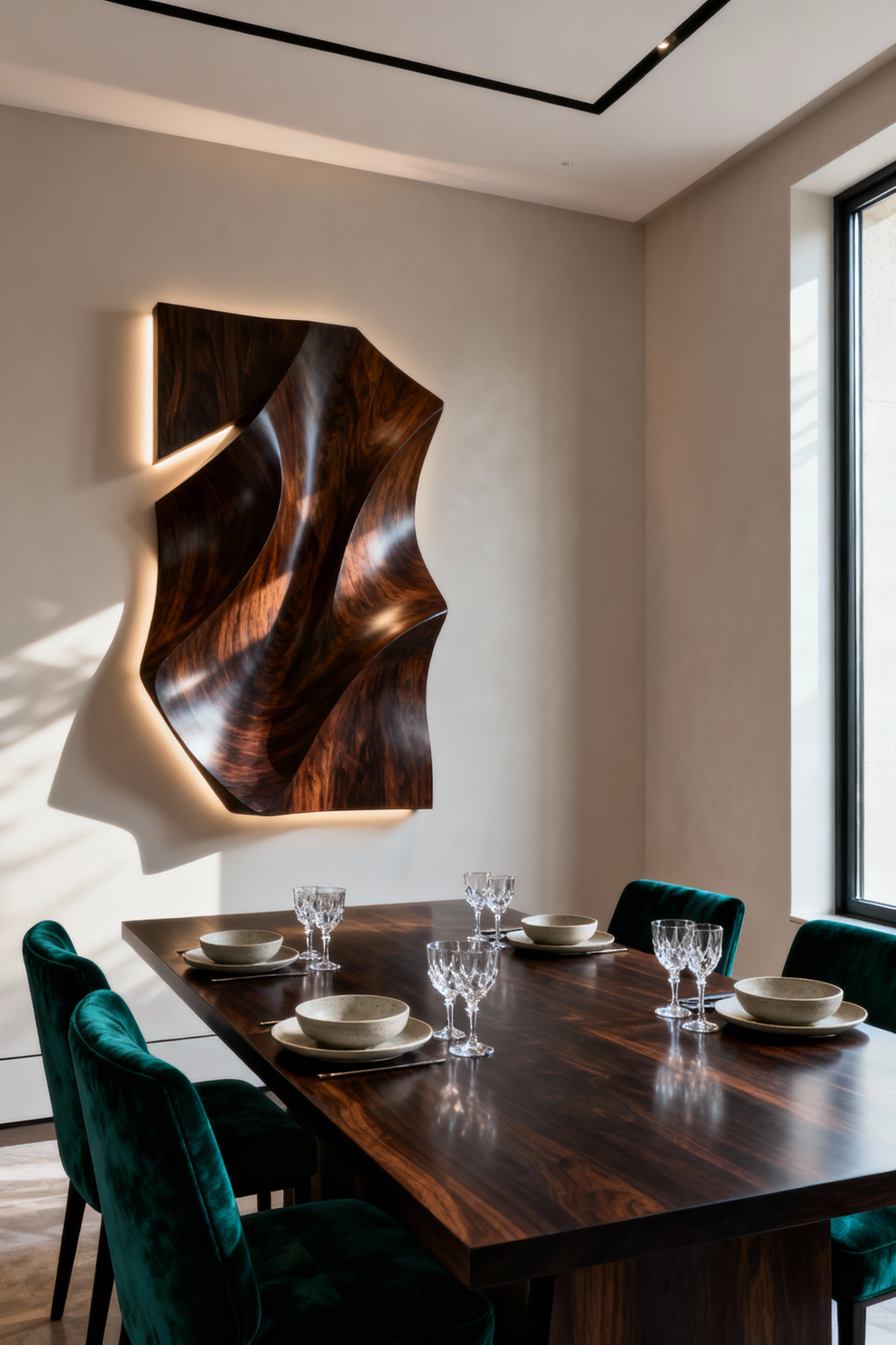 Luxury dining room featuring a custom abstract wooden wall sculpture with integrated lighting, dark wood table, emerald velvet chairs, and soaring ceilings.