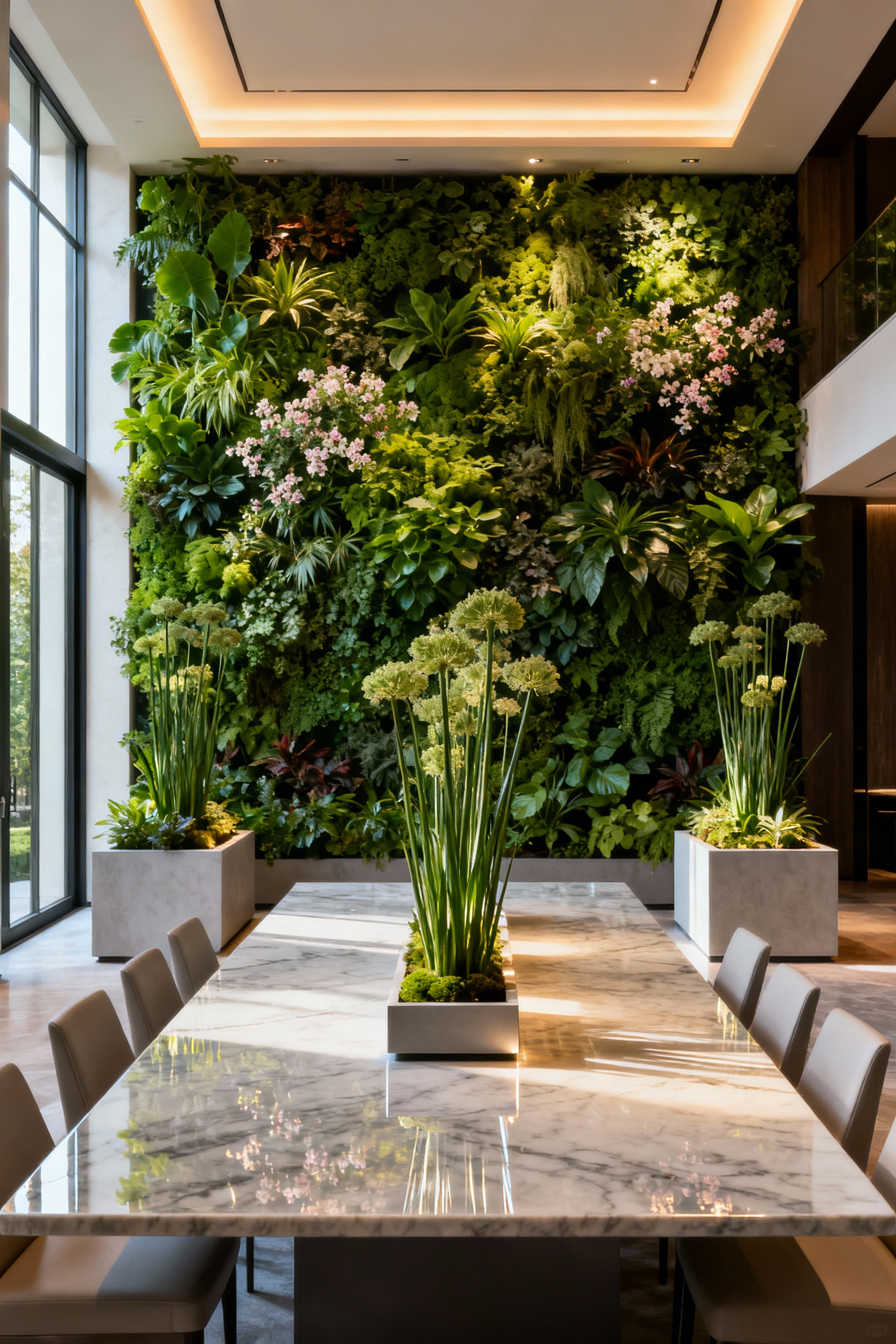 Luxury dining room featuring a living wall and bespoke planters, showcasing harmonious botanical design and natural beauty.