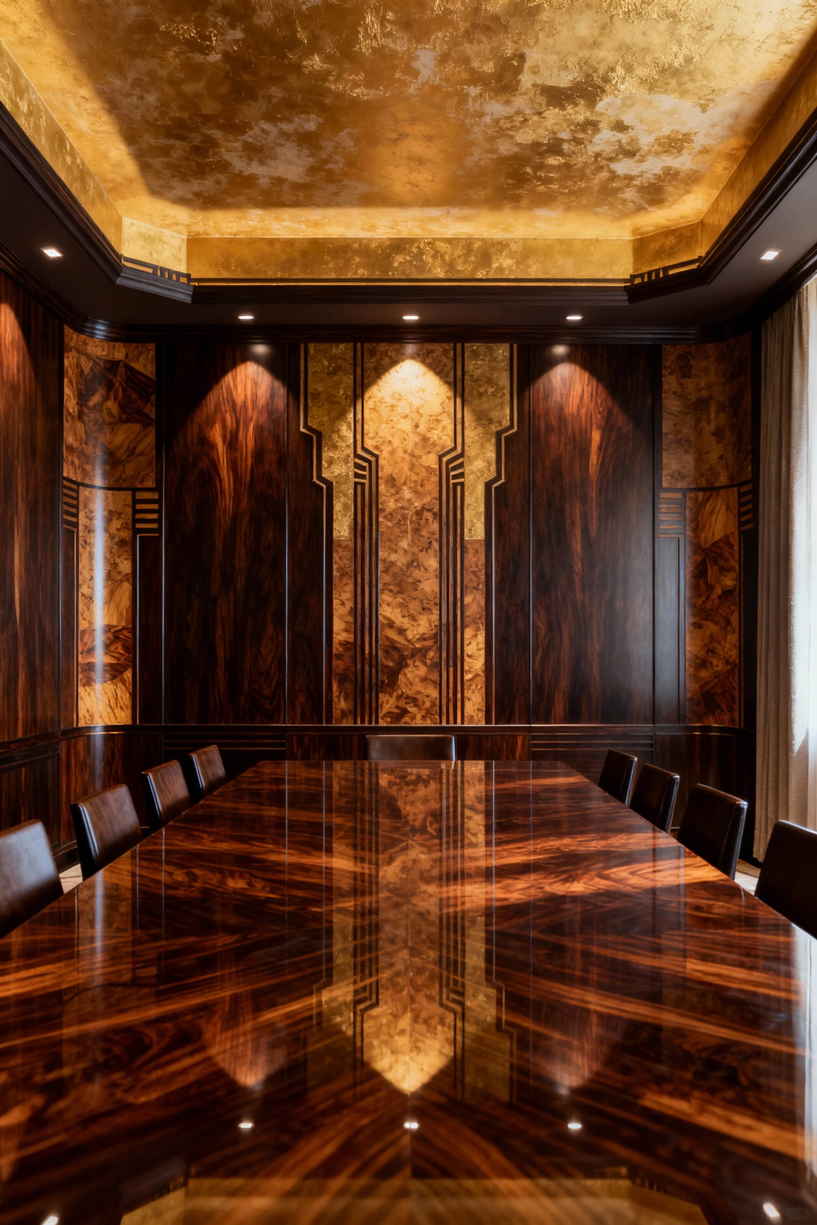 Luxurious dining room with floor-to-ceiling dark wood paneling and gilded wall treatments creating visual depth.