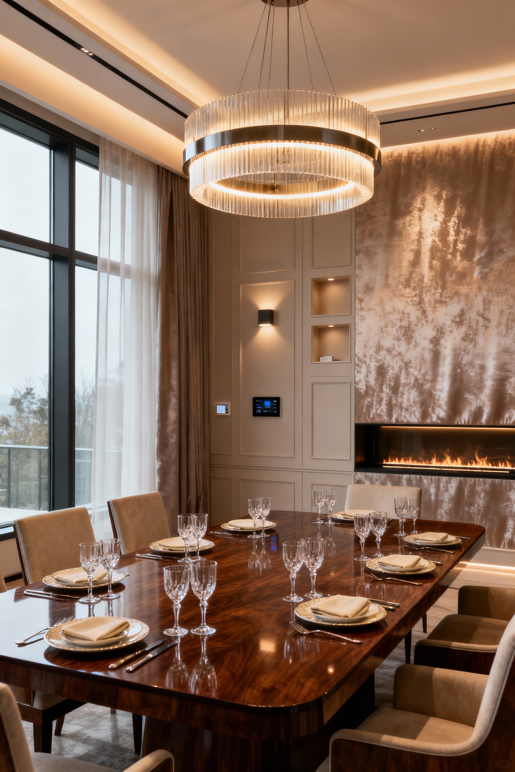 Luxury dining room with subtle smart home integration, ambient lighting, and high-end finishes demonstrating discreet technology enhancing the experience.