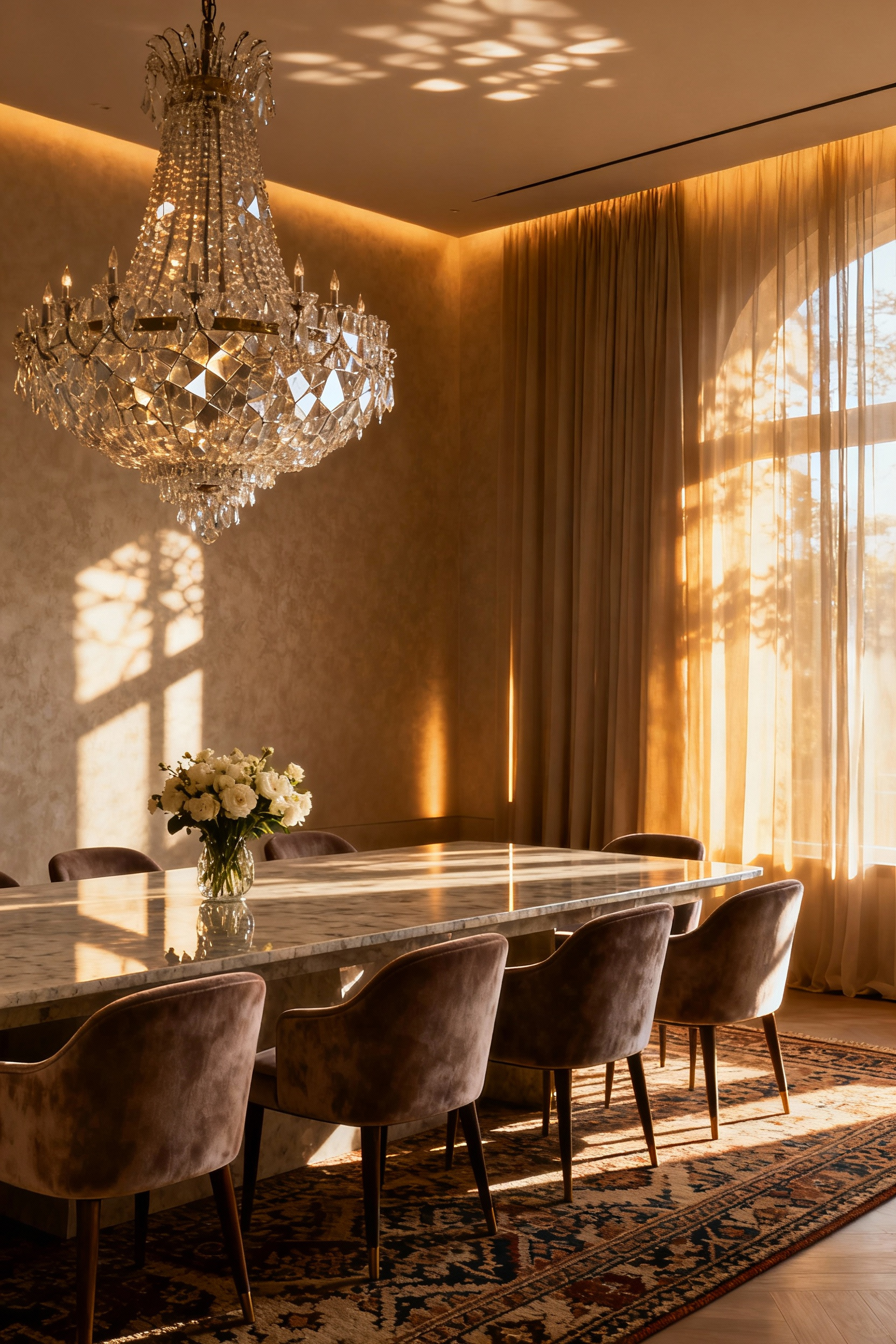 Luxury dining room with rich textures, soft lighting, and elegant floral arrangement designed for multisensory experience.